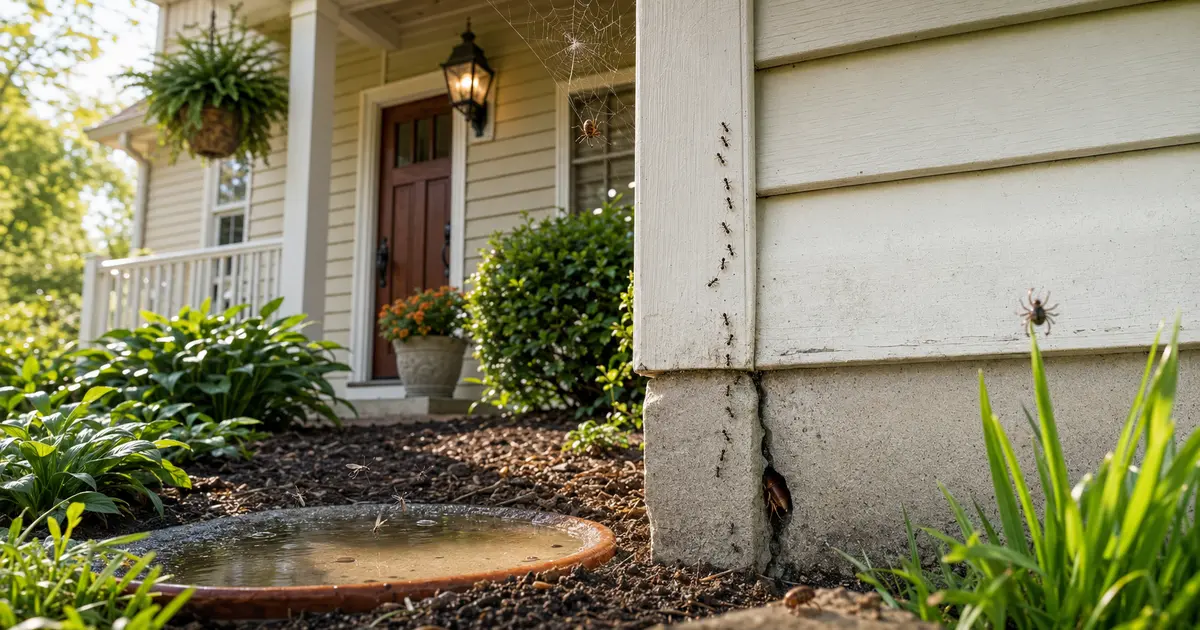 A house exterior with an ant trail, spider web, cockroach, mosquitoes, and a tick around the property