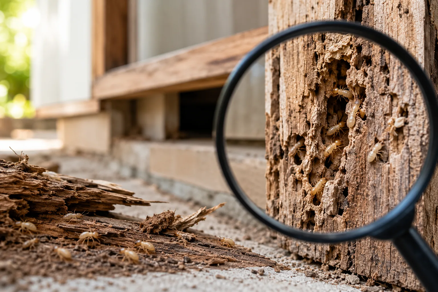 Termite-damaged wood being examined with a magnifying glass